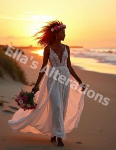 Bride laughing in a strapless straight neckline dress on a beach.