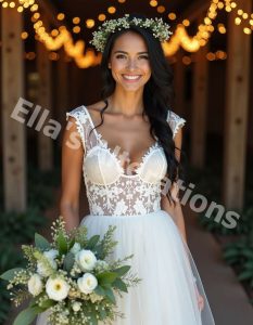 Close-up of a satin straight neckline wedding dress with delicate beading.