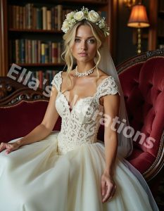 A bride with a flowing veil and a simple straight neckline gown.