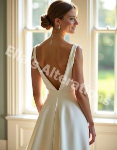 Back view of a lace straight neckline dress with an open back design.