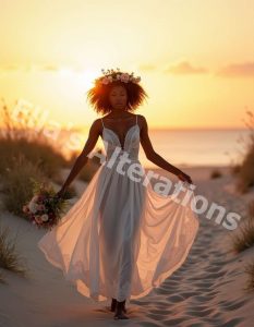 Silhouette of a bride in a straight neckline dress against a sunset.