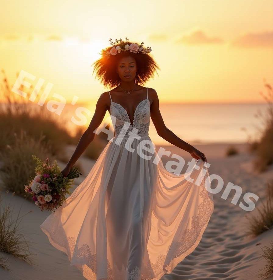 Silhouette of a bride in a straight neckline dress against a sunset.