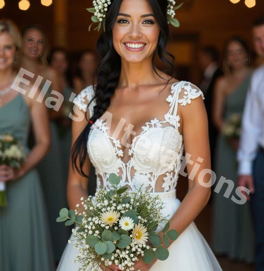 Bride adjusting her veil in a classic straight neckline satin gown.