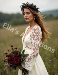 Bride wearing a black veil with a white gown.