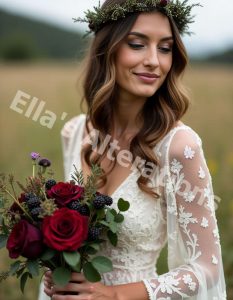 Bride in a black and white gown with a pop of red.