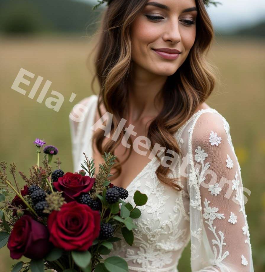 Bride in a black and white gown with a pop of red.