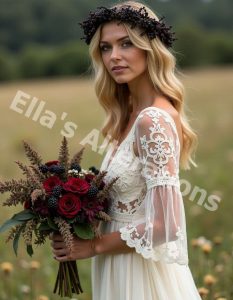 Bridal bouquet with black flowers and greenery.