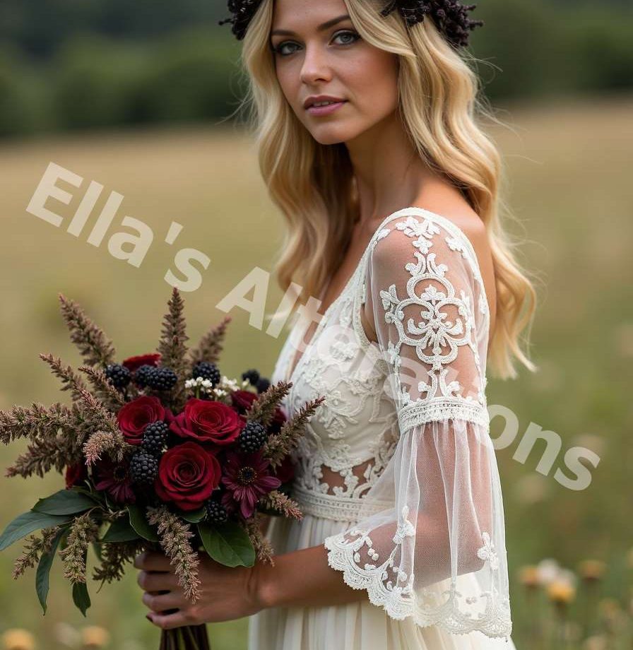 Bridal bouquet with black flowers and greenery.